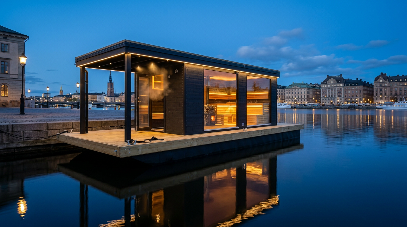 Ember Sauna – flytande bastu vid kajen i skymningen